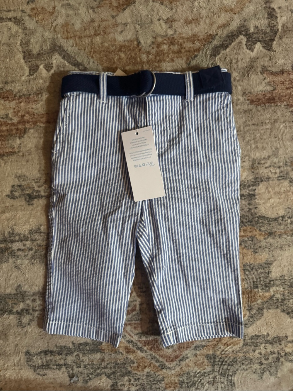 Ralph Lauren Blue and White Striped Seersucker Kids Shorts with Navy Belt